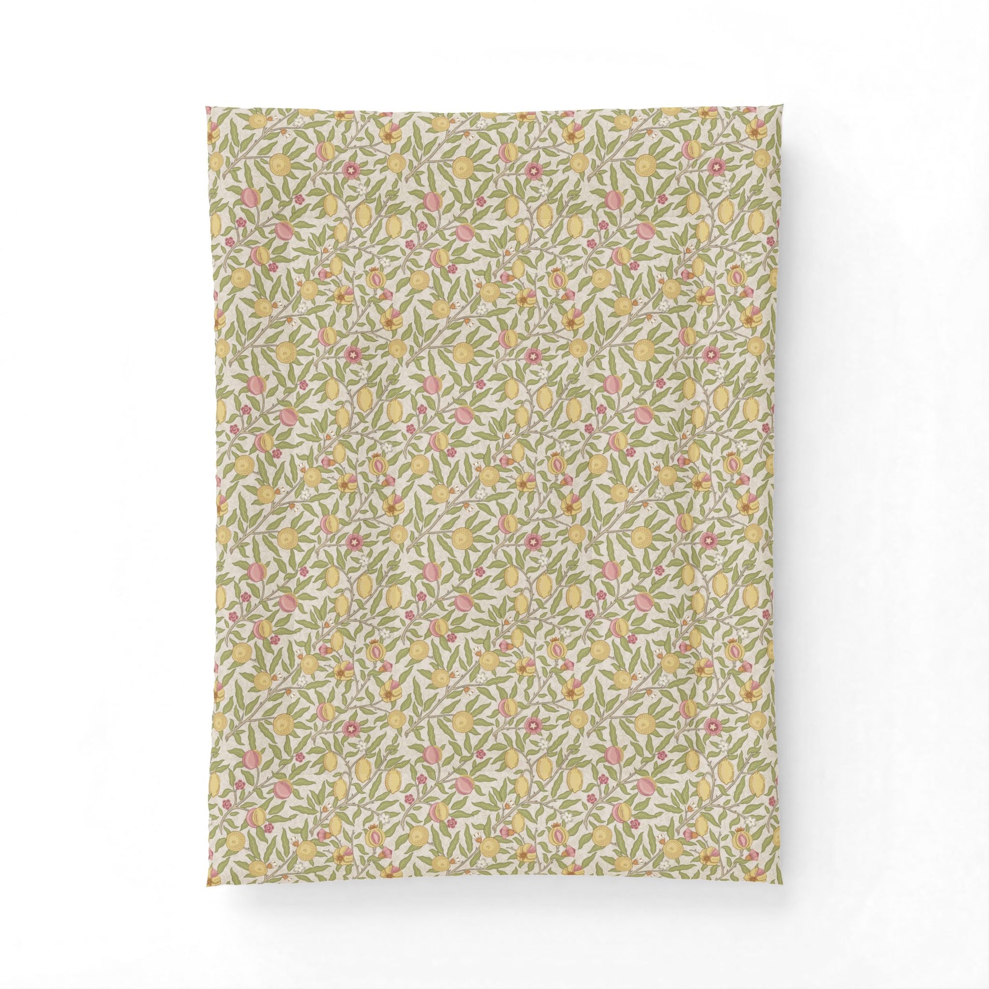 A rectangular fabric item, likely a pillowcase or small blanket, featuring a dense, all-over botanical pattern of yellow flowers and green leaves on a light beige background, shown against a plain white backdrop.