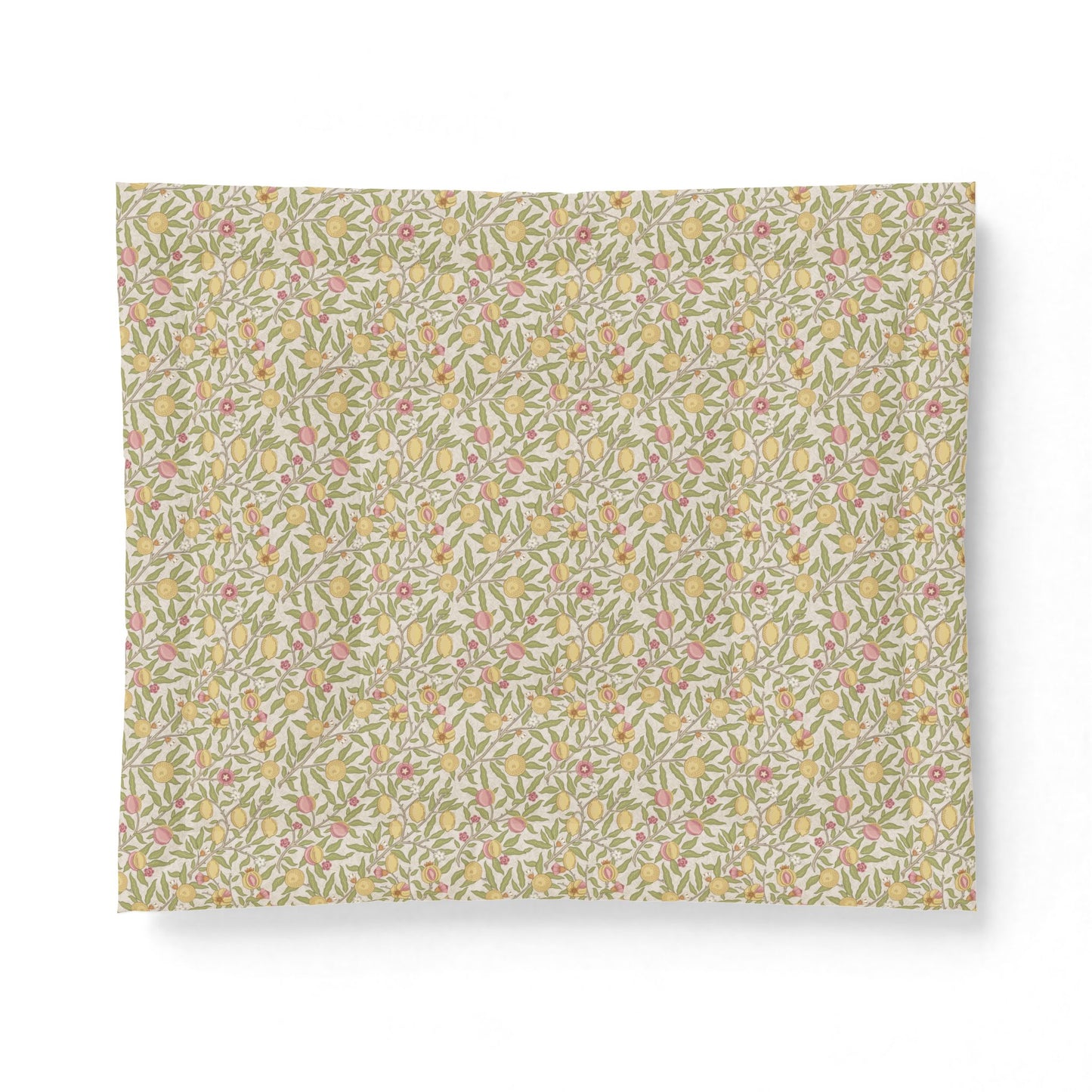 A square fabric or paper napkin featuring a dense, vintage-style floral and botanical pattern in muted yellow, pink, green, and beige tones, displayed flat against a clean white background.