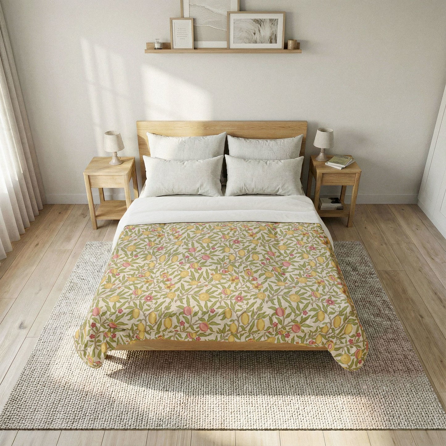 A neatly made bed in a bright, minimalist bedroom, featuring a floral-patterned quilt in yellow, green, and pink tones over white sheets and pillows, set on a textured neutral rug.