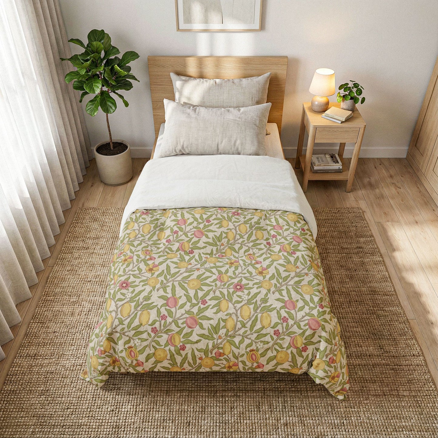 A neatly made bed in a bright bedroom, featuring a duvet cover with a dense botanical and fruit pattern in yellow, pink, and green on an off-white background. The bed is styled with white pillows and a white top sheet, set on a woven jute rug next to a wooden nightstand and a potted plant.