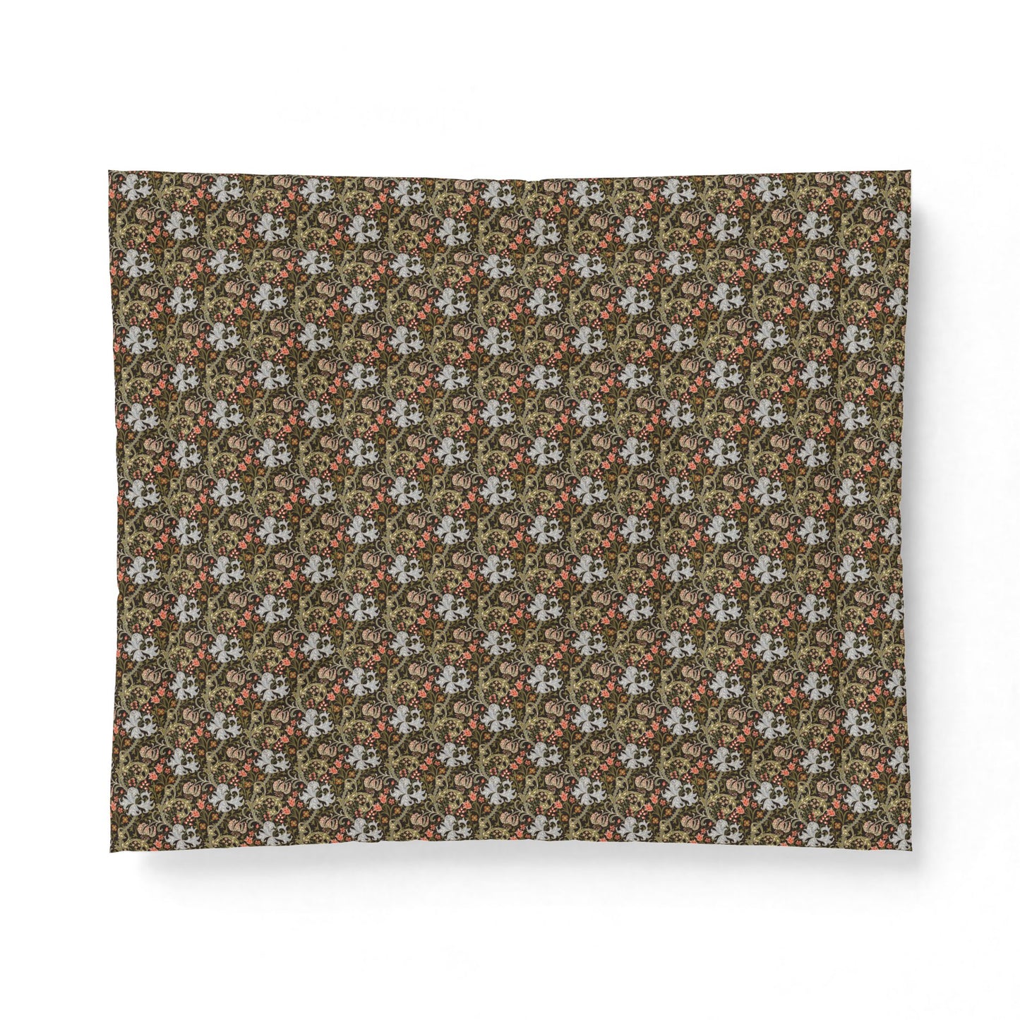 Cotton comforter with an all-over vintage William Morris & Co floral pattern in muted brown, beige, and white, shown on a clean white background.