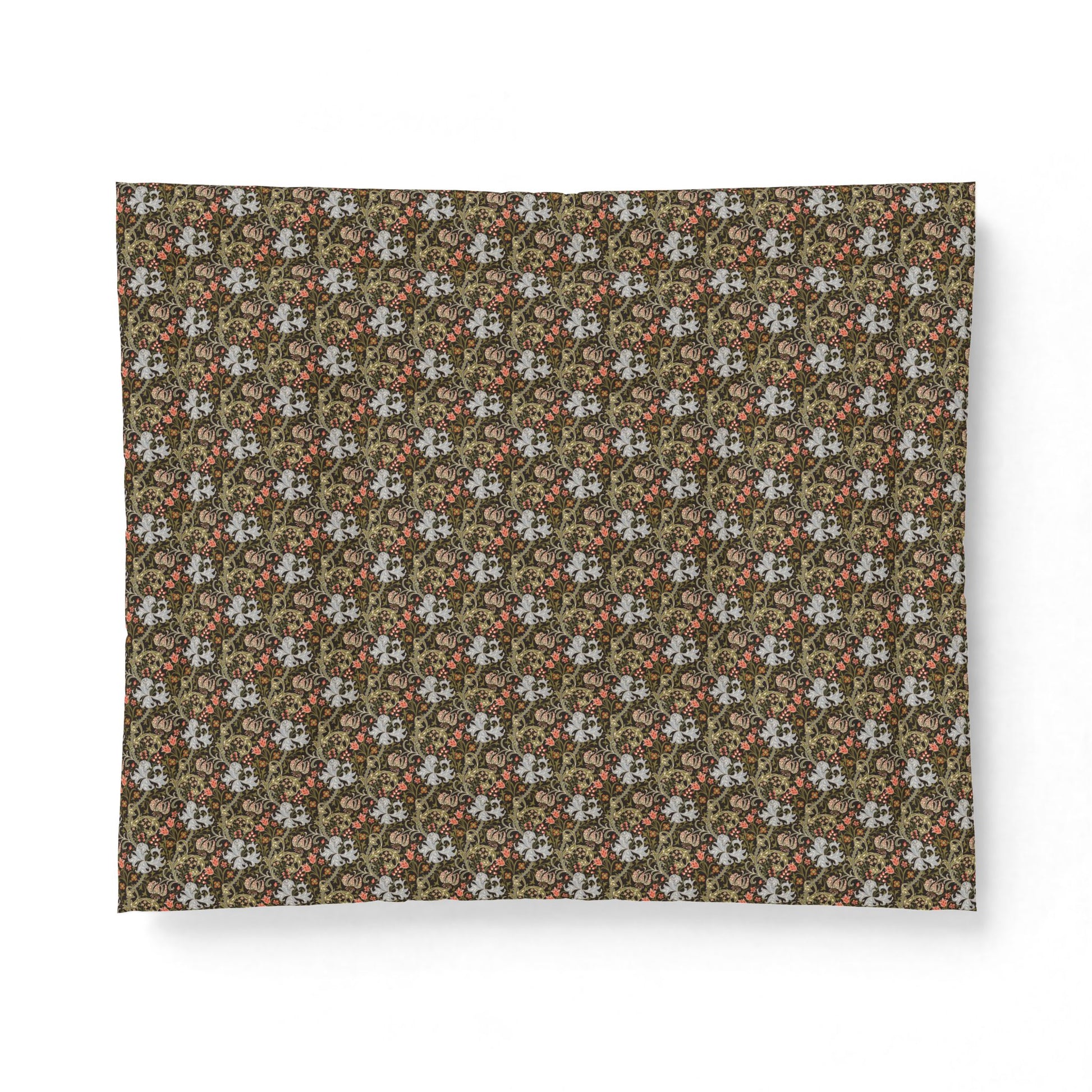 Cotton comforter with an all-over vintage William Morris & Co floral pattern in muted brown, beige, and white, shown on a clean white background.