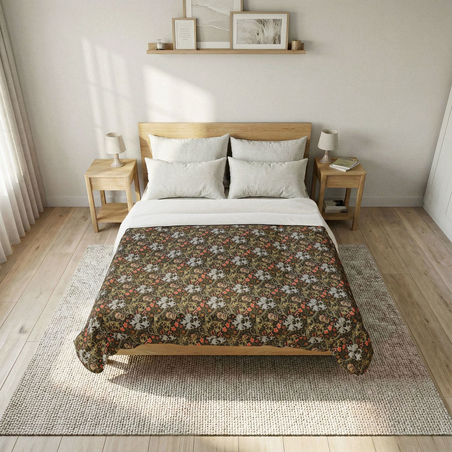 Bedroom with a bed featuring a green floral patterned comforter.