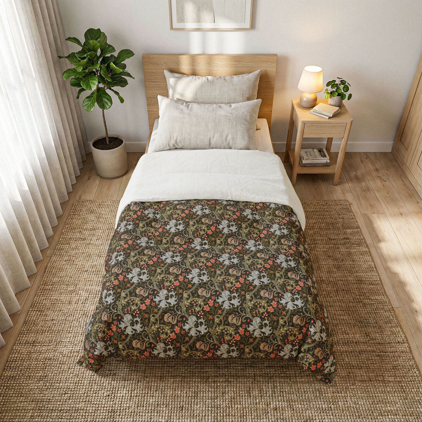Bedroom with a bed covered in a floral William Morris & Co cotton comforter, nightstand, and plant.