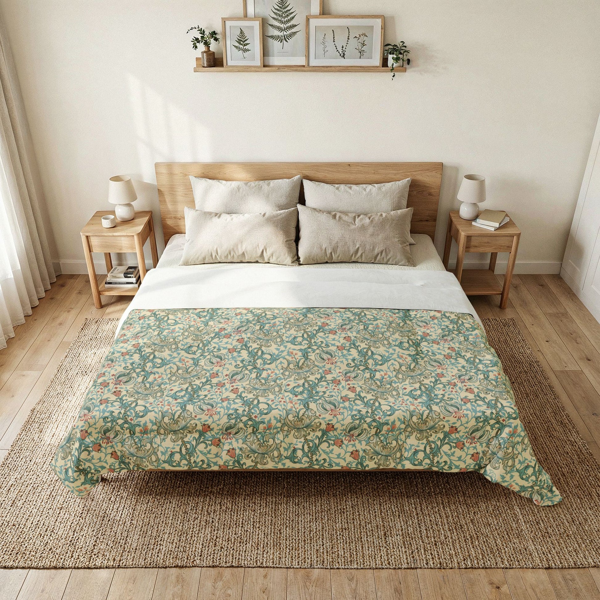 A neatly made bed in a bright, minimalist bedroom, featuring a floral patterned comforter in sage green, beige, and muted red tones, styled with neutral pillows and a light wood headboard.
