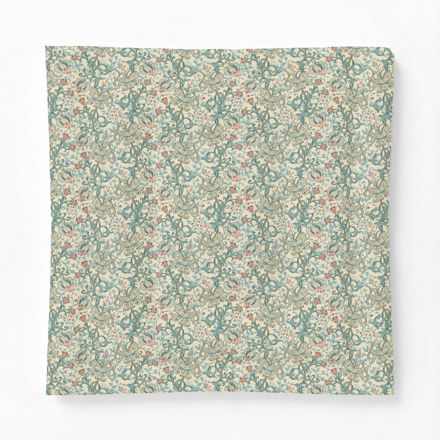 Cotton comforter from William Morris & Co featuring a dense vintage floral and botanical pattern in muted teal, sage green, dusty orange, and cream on a white background.