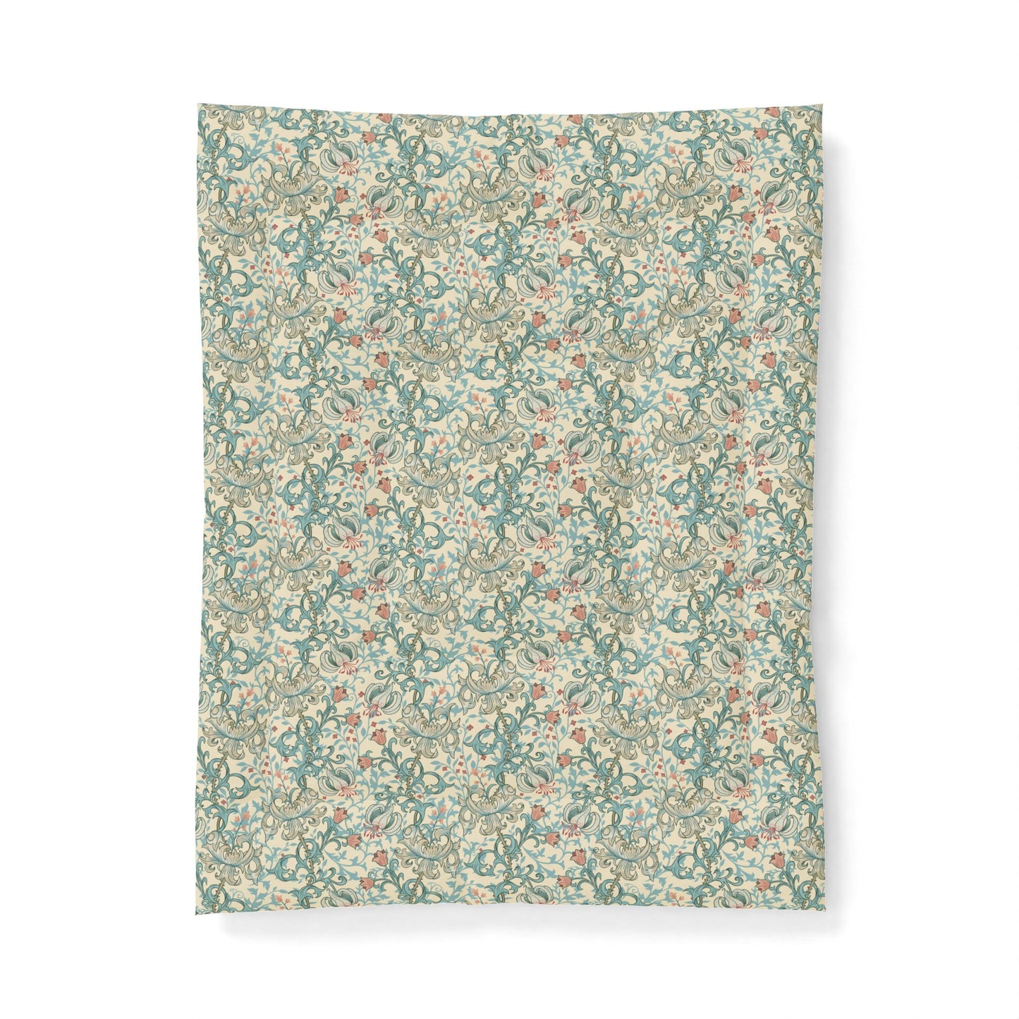 A rectangular fabric or wallpaper sample featuring a dense vintage floral and botanical pattern in muted teal, sage green, cream, and soft rust tones, shown against a plain white background.