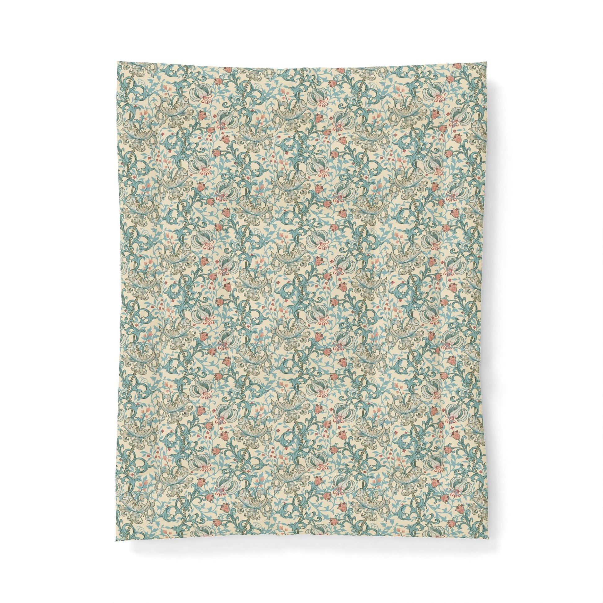 A rectangular fabric or wallpaper sample featuring a dense vintage floral and botanical pattern in muted teal, sage green, cream, and soft rust tones, shown against a plain white background.