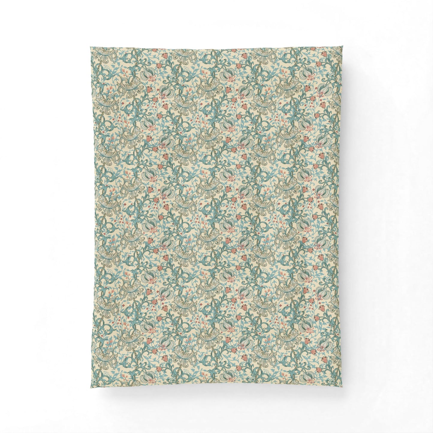 A rectangular fabric or wallpaper sample with an intricate vintage floral and botanical pattern in muted teal, sage green, beige, and soft rust tones, displayed against a clean white background.