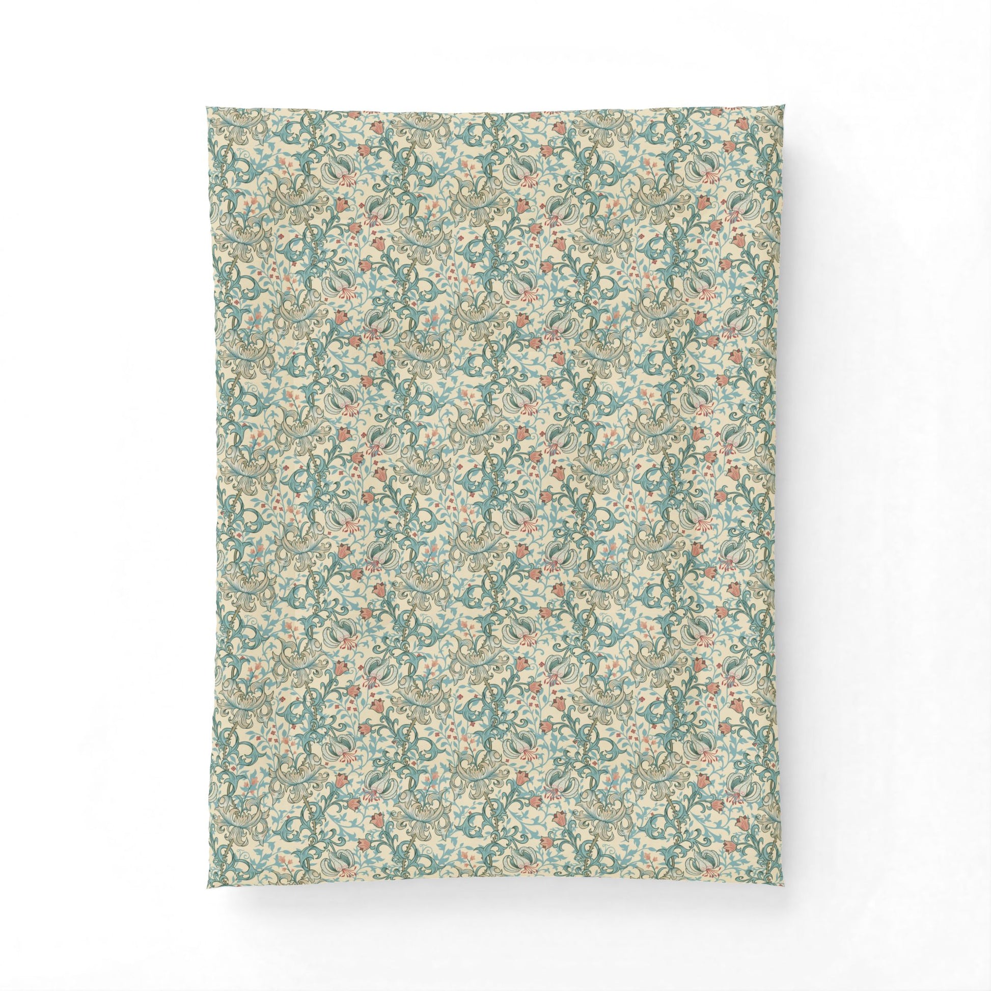 A rectangular fabric or wallpaper sample with an intricate vintage floral and botanical pattern in muted teal, sage green, beige, and soft rust tones, displayed against a clean white background.