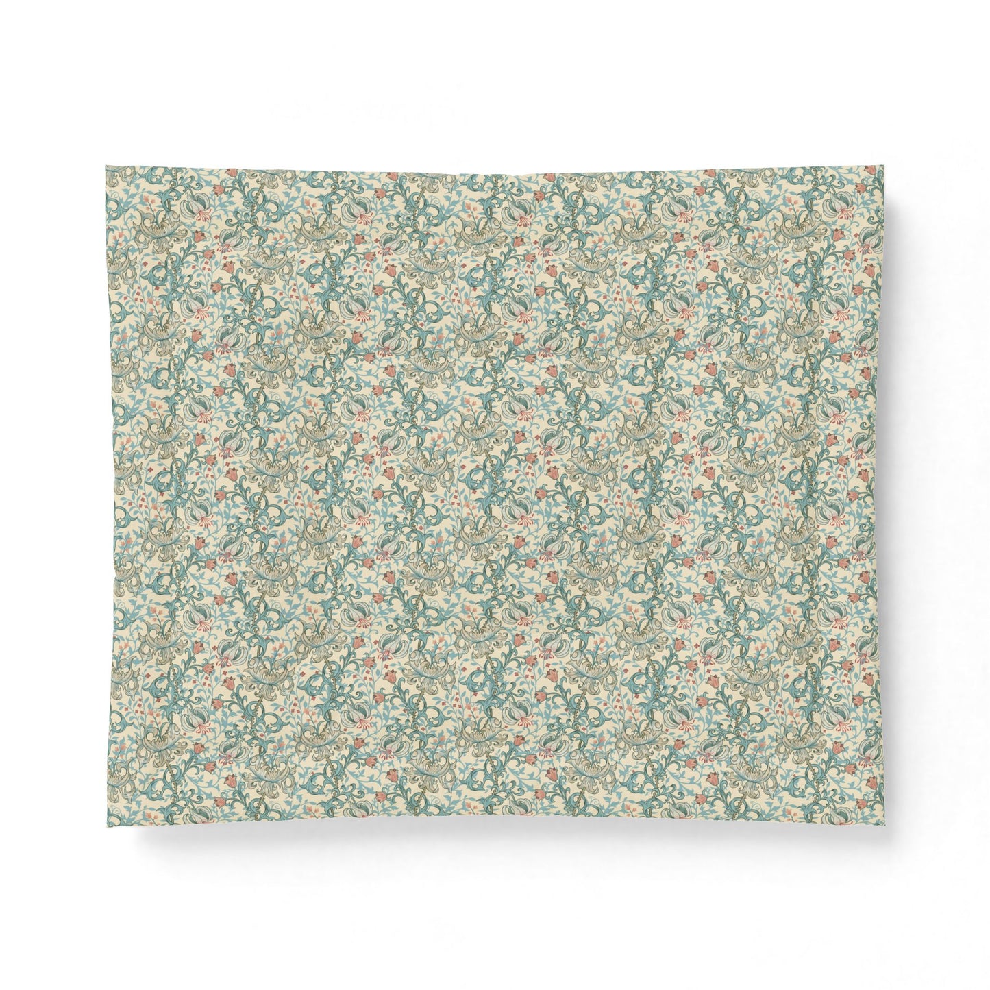 A square fabric or paper sample with an all-over vintage floral pattern in muted teal, beige, and soft orange, shown against a plain white background.