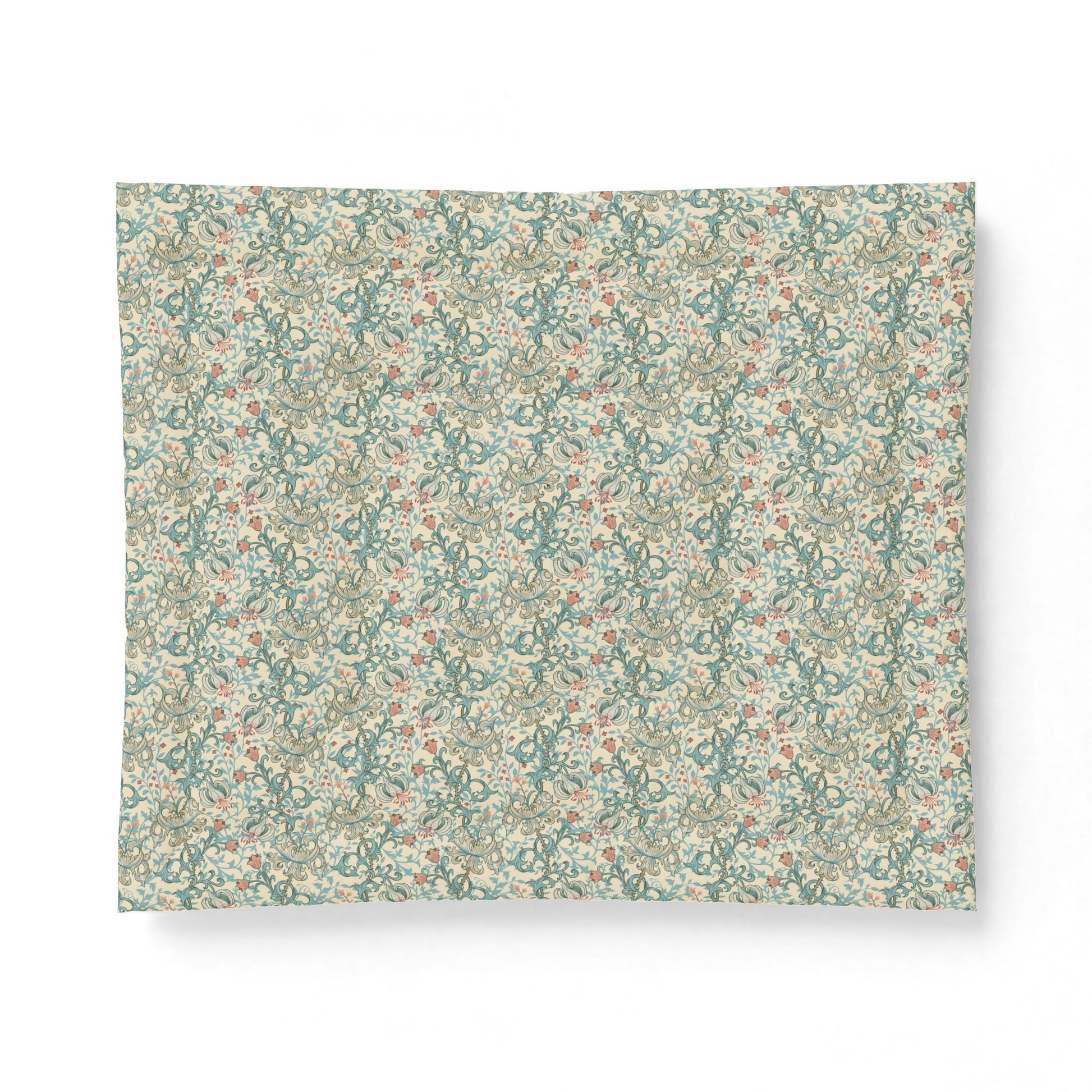 A square fabric or paper sample with an all-over vintage floral pattern in muted teal, beige, and soft orange, shown against a plain white background.