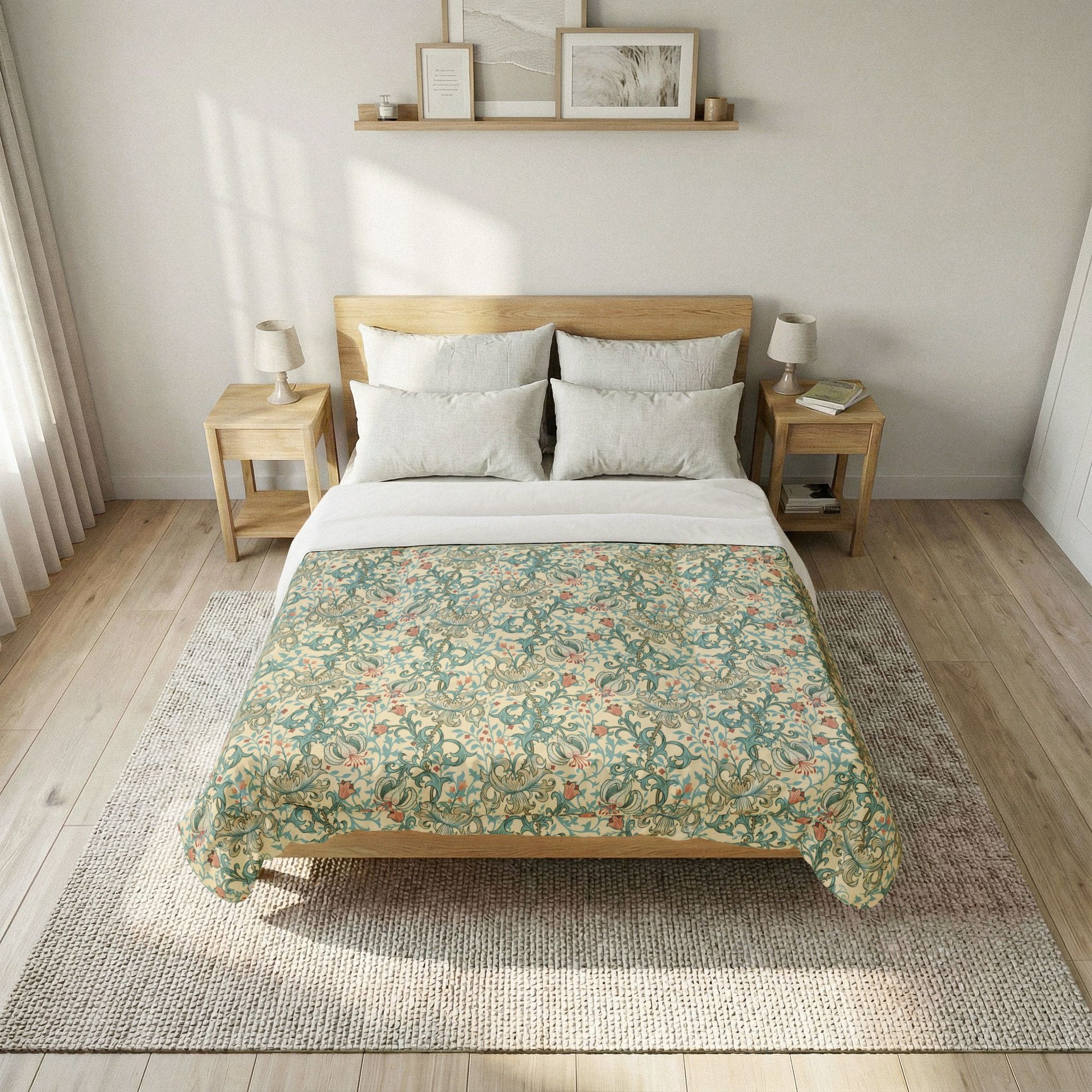 Bedroom with a bed featuring a patterned comforter and wooden headboard.