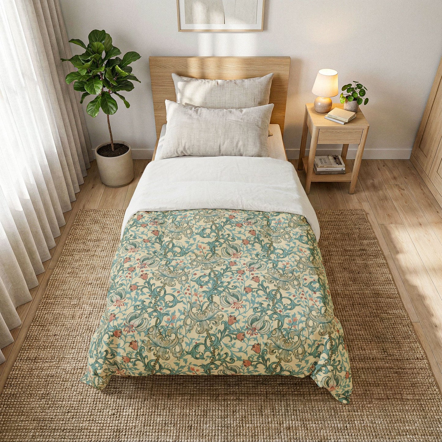 A single bed styled in a bright, modern bedroom, featuring a classic William Morris-style floral and foliage patterned quilt in sage green, cream, and rust orange. The bed is dressed with white pillows and a white folded-over top sheet, set on a woven jute rug next to a wooden nightstand and a potted plant.