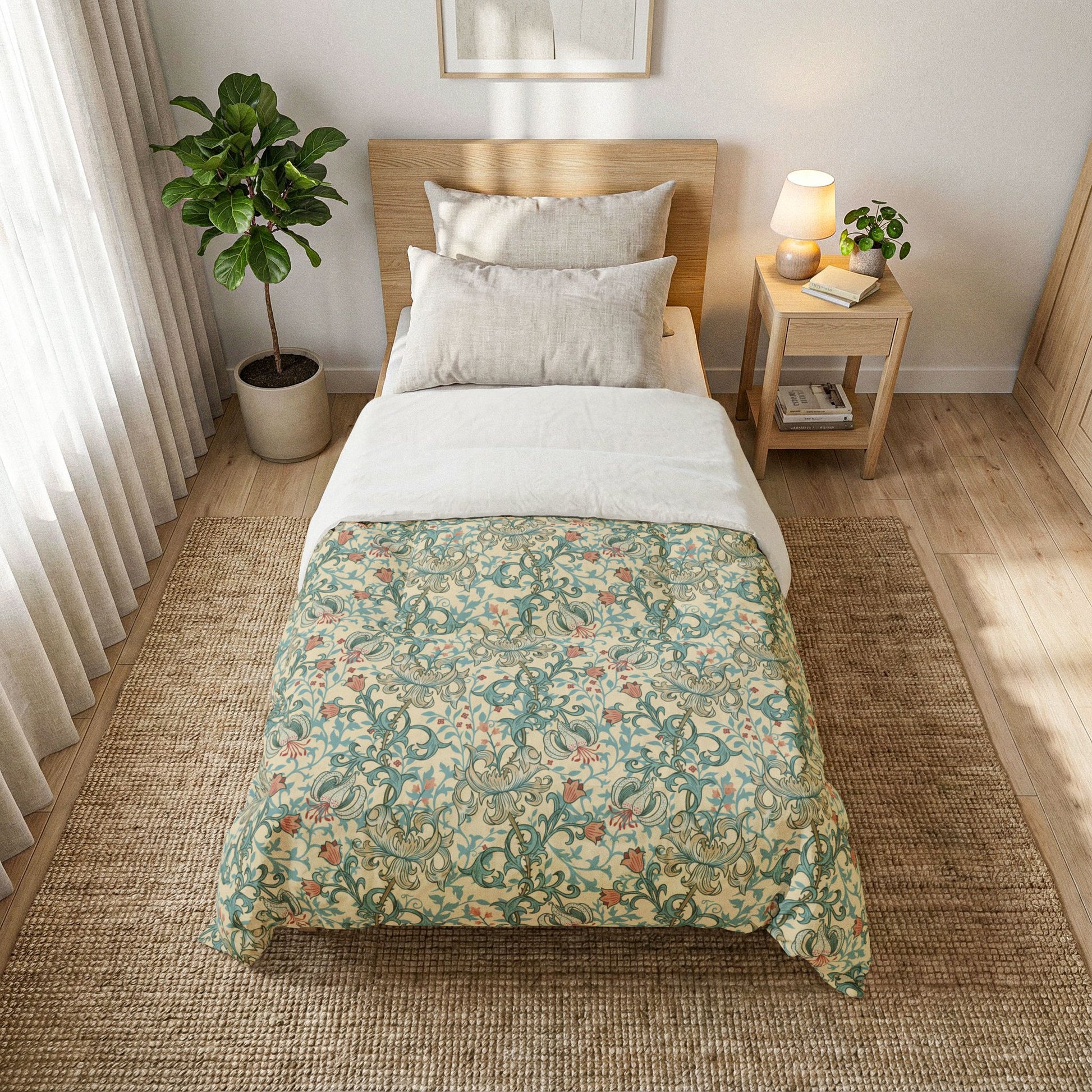 A single bed styled in a bright, modern bedroom, featuring a classic William Morris-style floral and foliage patterned quilt in sage green, cream, and rust orange. The bed is dressed with white pillows and a white folded-over top sheet, set on a woven jute rug next to a wooden nightstand and a potted plant.