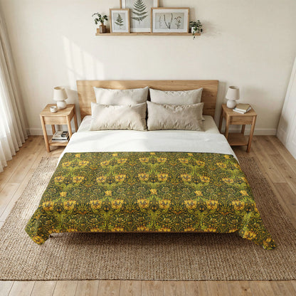 Bedroom with a bed featuring a green floral patterned comforter.