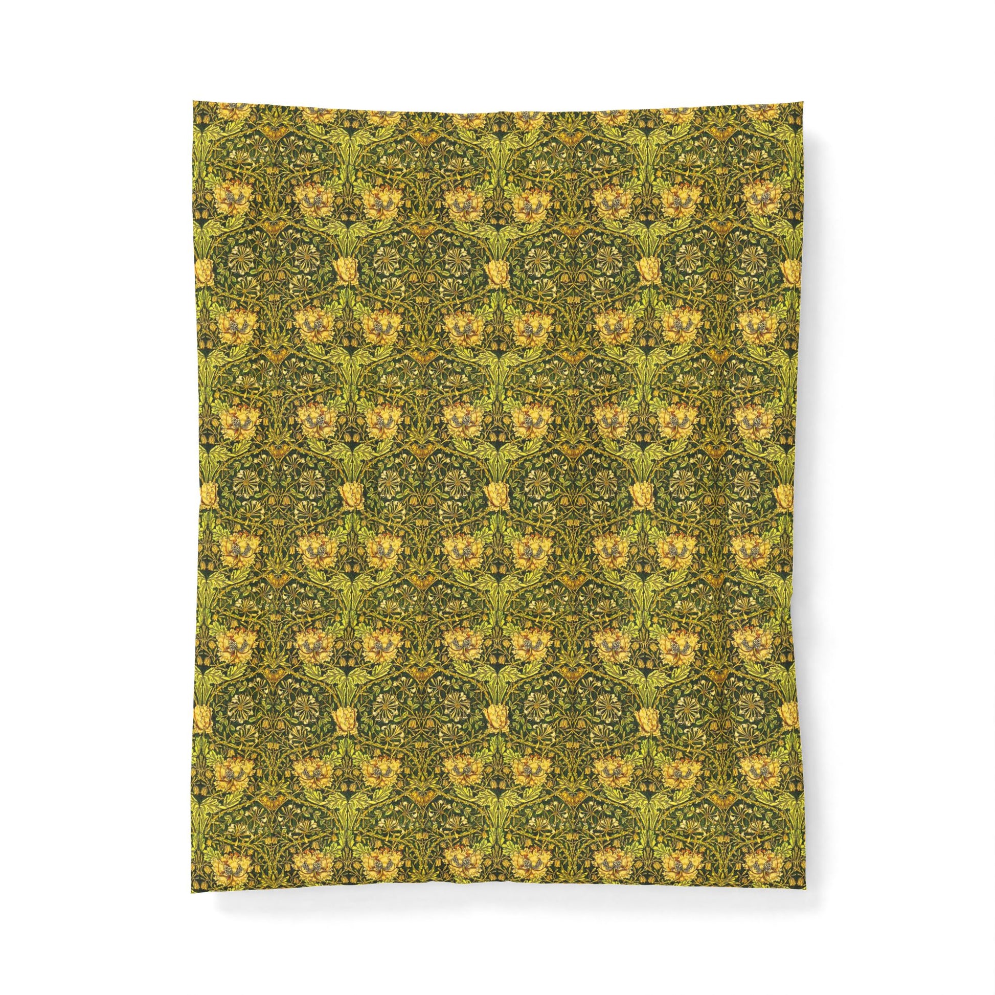 Patterned fabric with green and yellow design on a white background