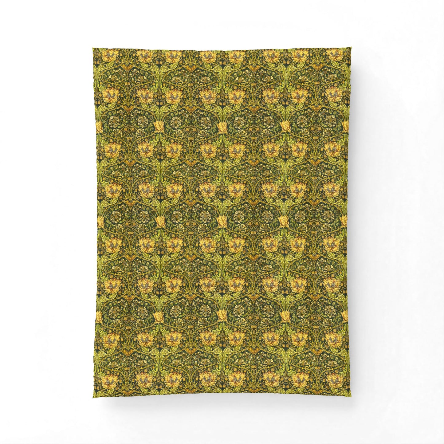 Patterned fabric with green and yellow design on a white background