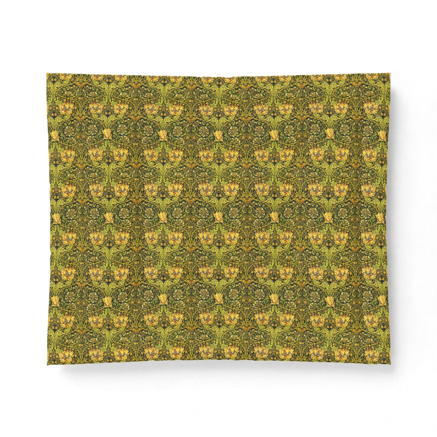 Patterned fabric with a green and yellow design on a white background