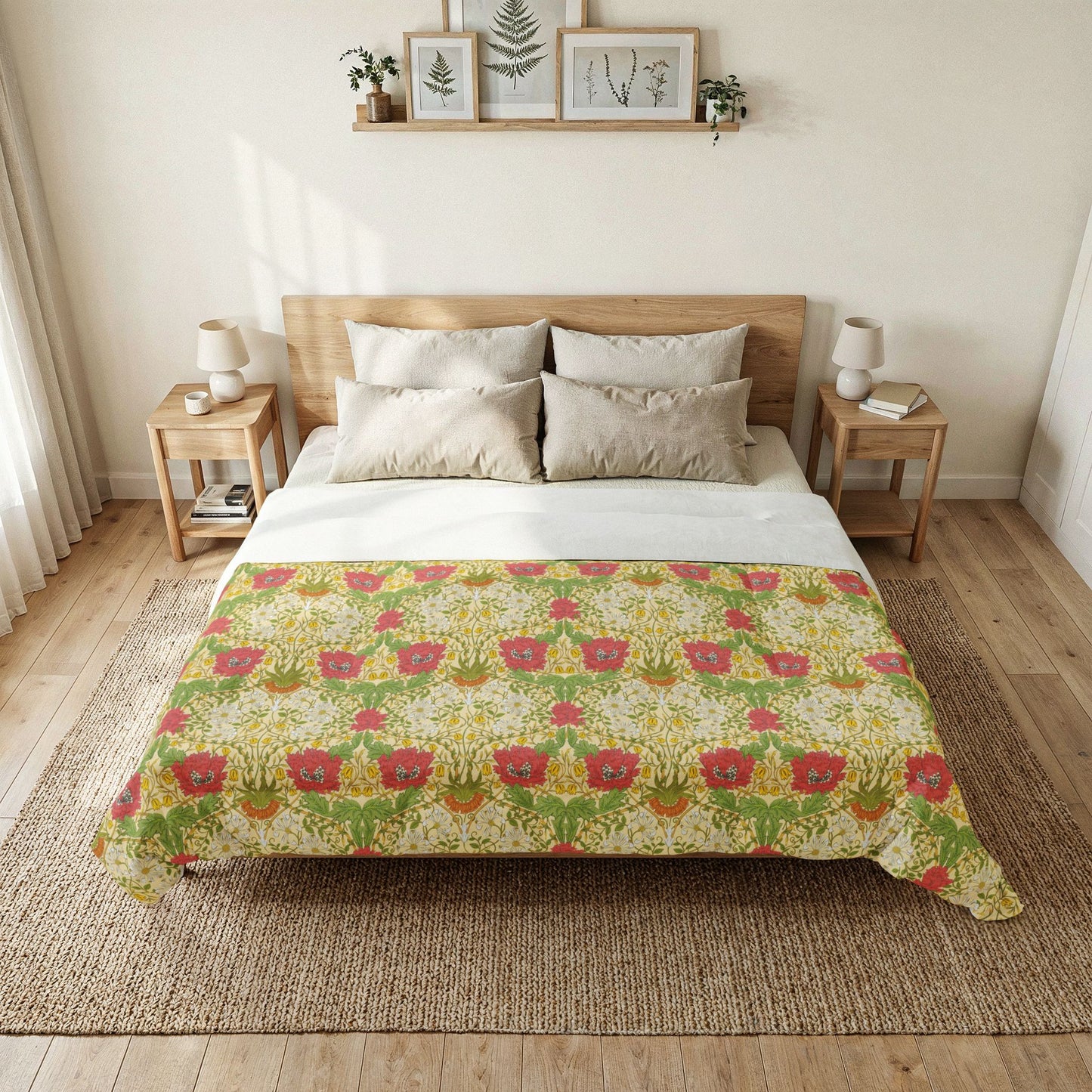 A floral patterned comforter with red flowers and green leaves is styled on a bed in a bright, modern bedroom. The bed is made with neutral beige pillows and white sheets, flanked by wooden nightstands with lamps, and set on a woven jute rug.