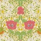 Floral pattern with pink flowers, green leaves, and yellow and white flowers on a beige background.