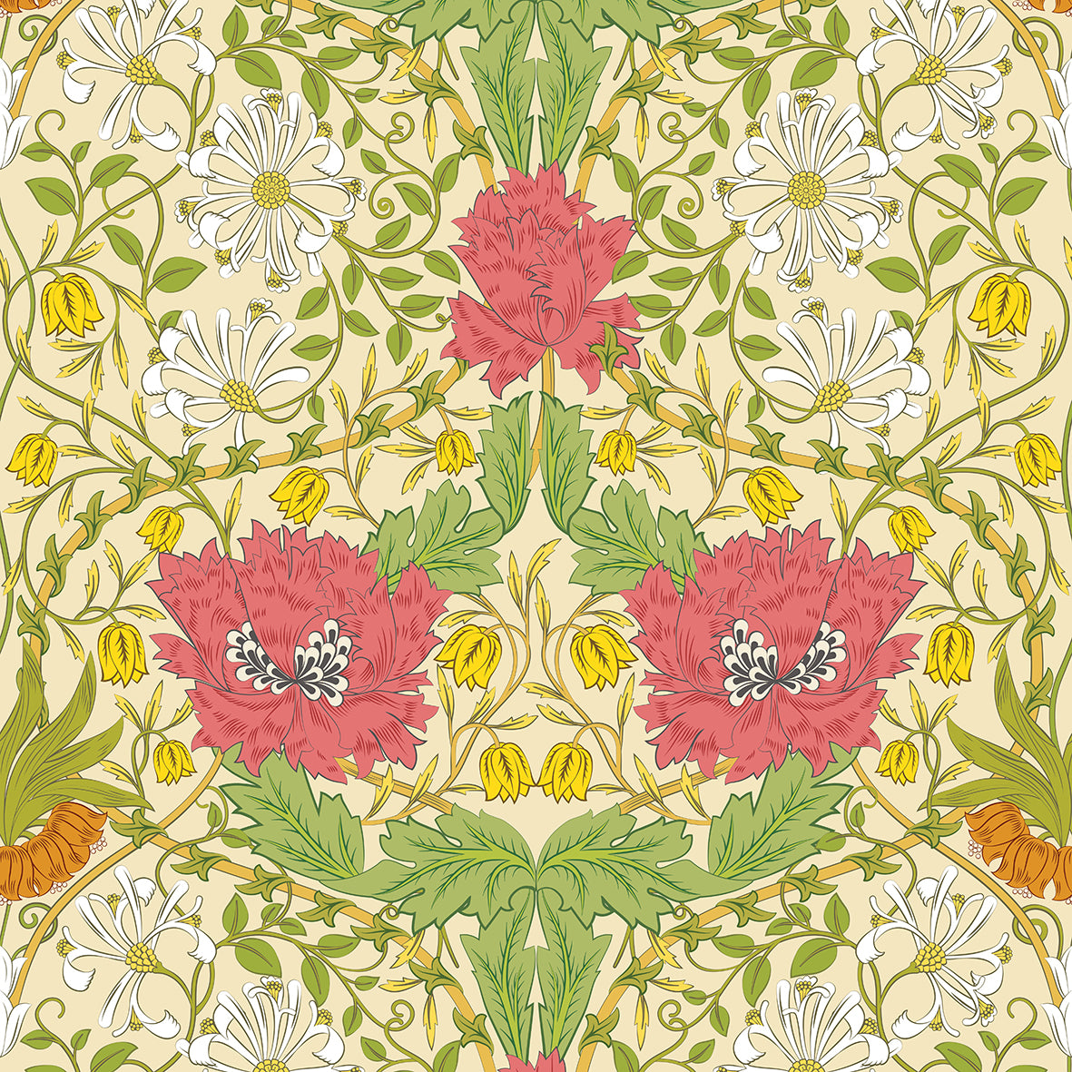 Floral pattern with pink flowers, green leaves, and yellow and white flowers on a beige background.