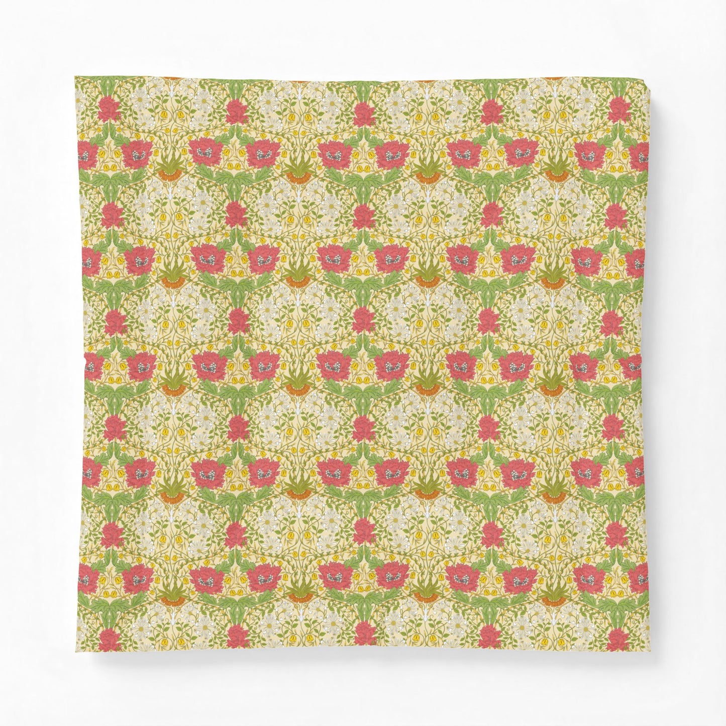 A square fabric item, likely a pillowcase or small blanket, featuring a vintage-style floral damask pattern in pink, green, yellow, and cream on a white background.