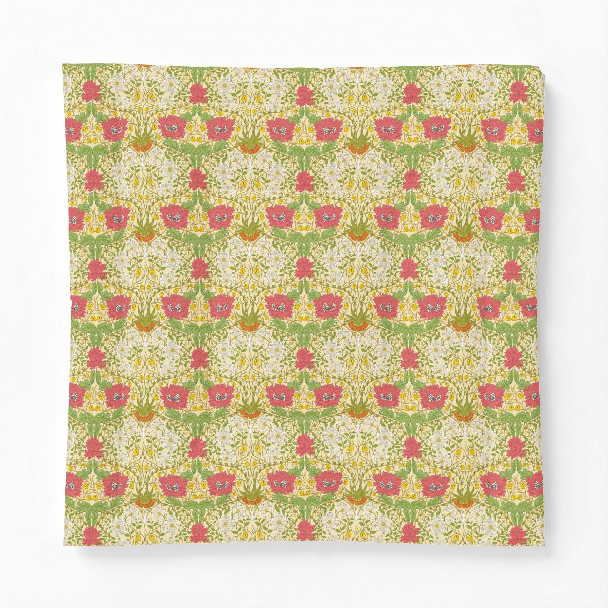A square fabric item, likely a pillowcase or small blanket, featuring a vintage-style floral damask pattern in pink, green, yellow, and cream on a white background.