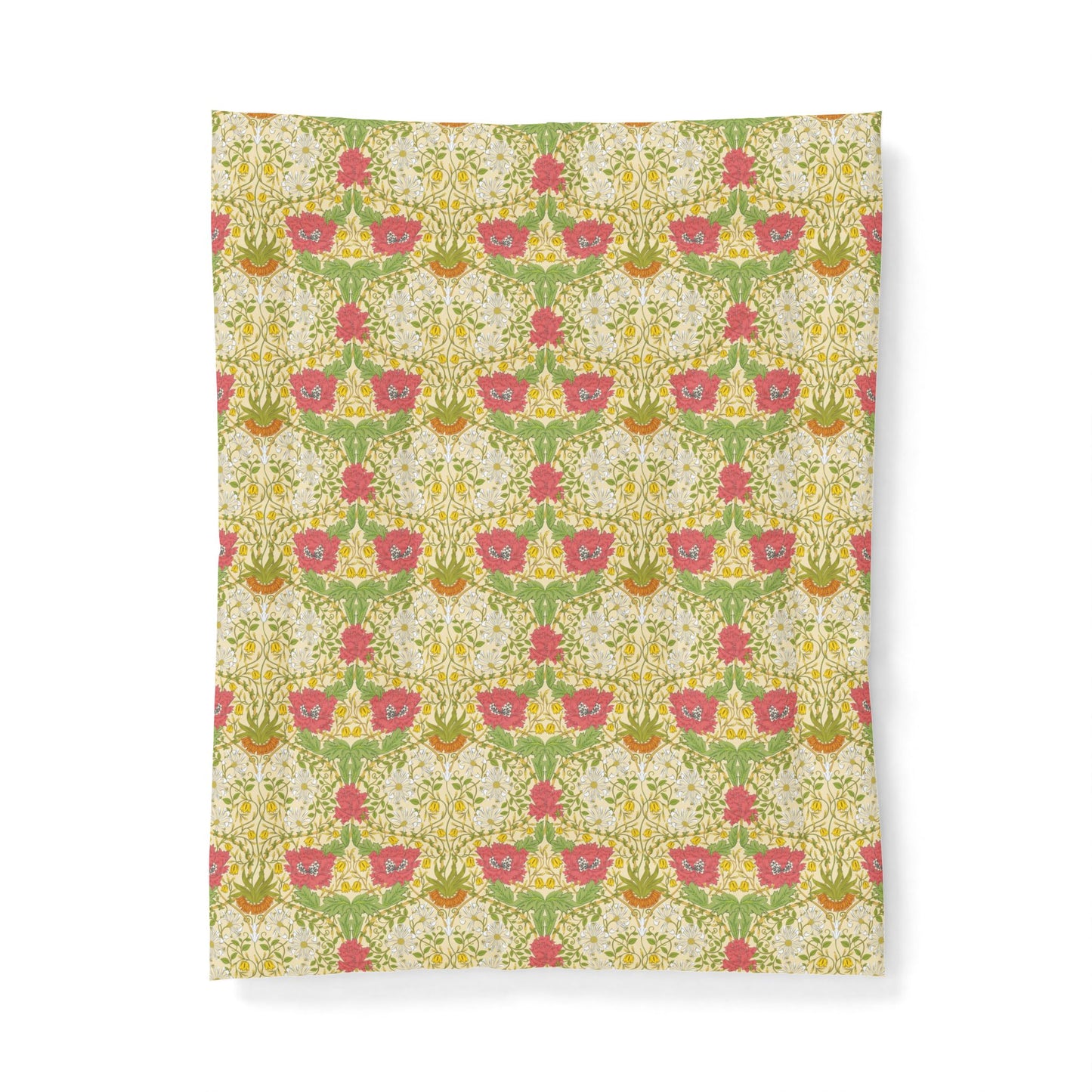 A rectangular fabric or paper sheet featuring a repeating vintage floral damask pattern in pink, green, yellow, and orange on a cream background, shown against a plain white backdrop.