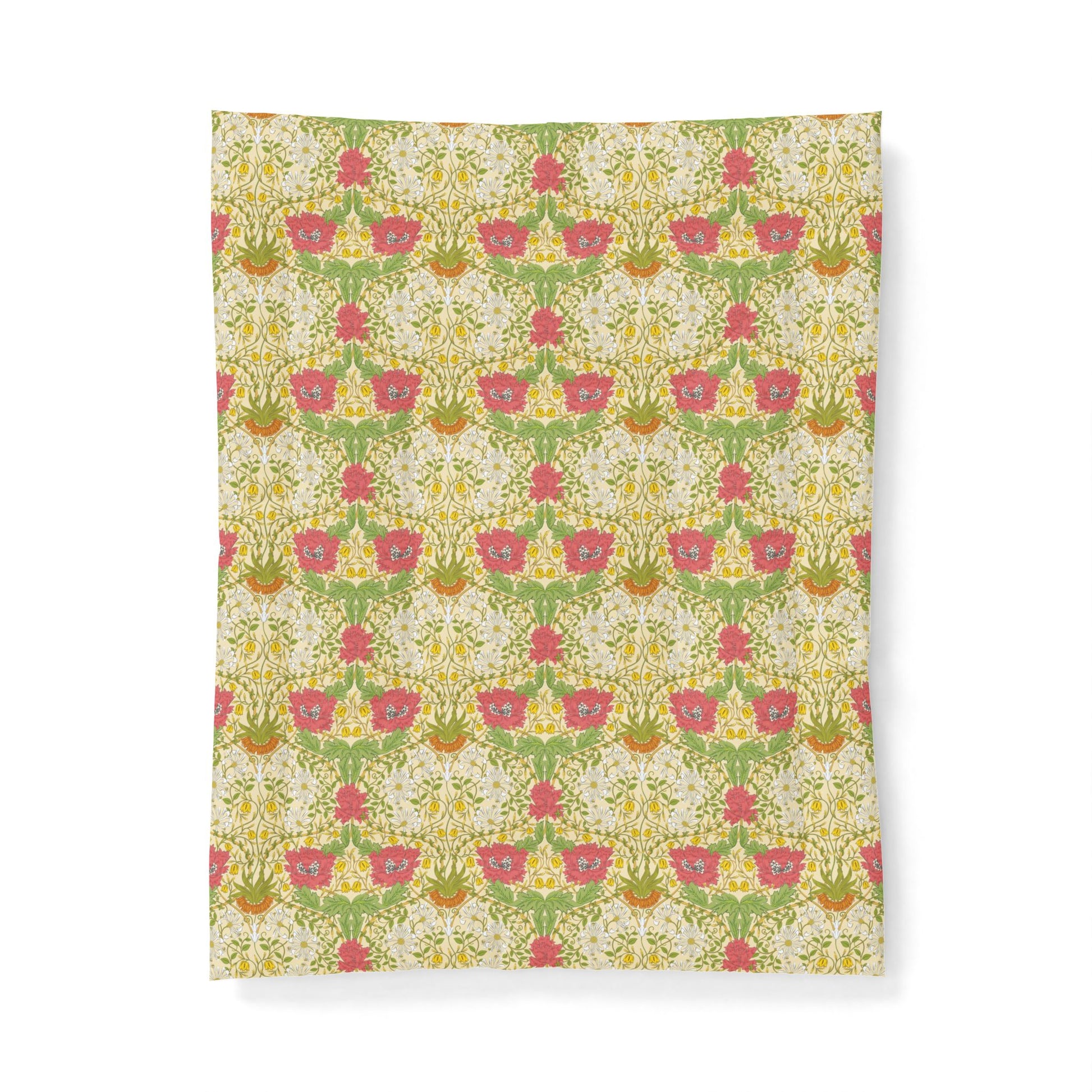 A rectangular fabric or paper sheet featuring a repeating vintage floral damask pattern in pink, green, yellow, and orange on a cream background, shown against a plain white backdrop.