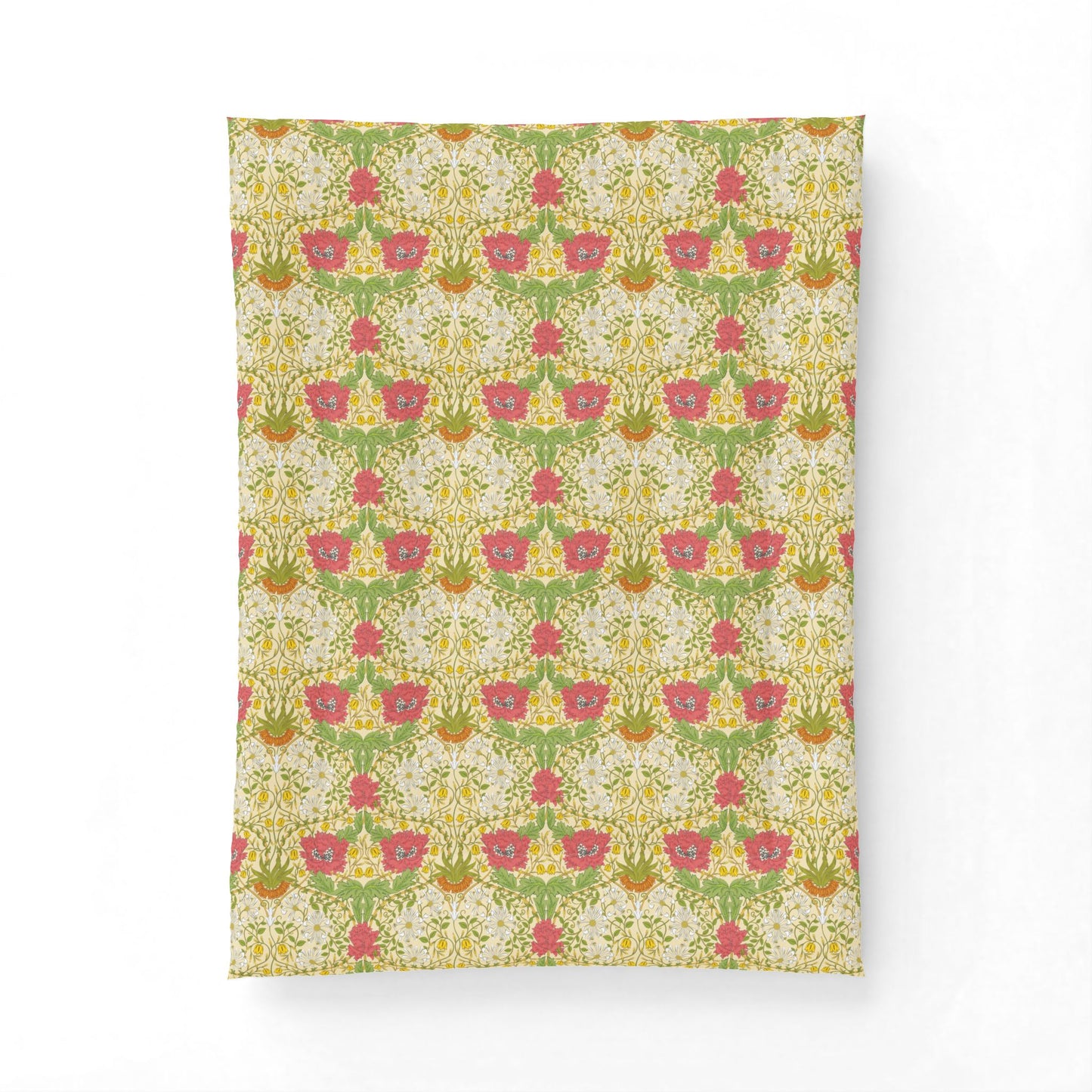 A rectangular fabric item, likely a pillowcase or small blanket, featuring a vintage botanical damask pattern with pink flowers, green leaves, and yellow accents on a cream background, shown against a plain white backdrop.