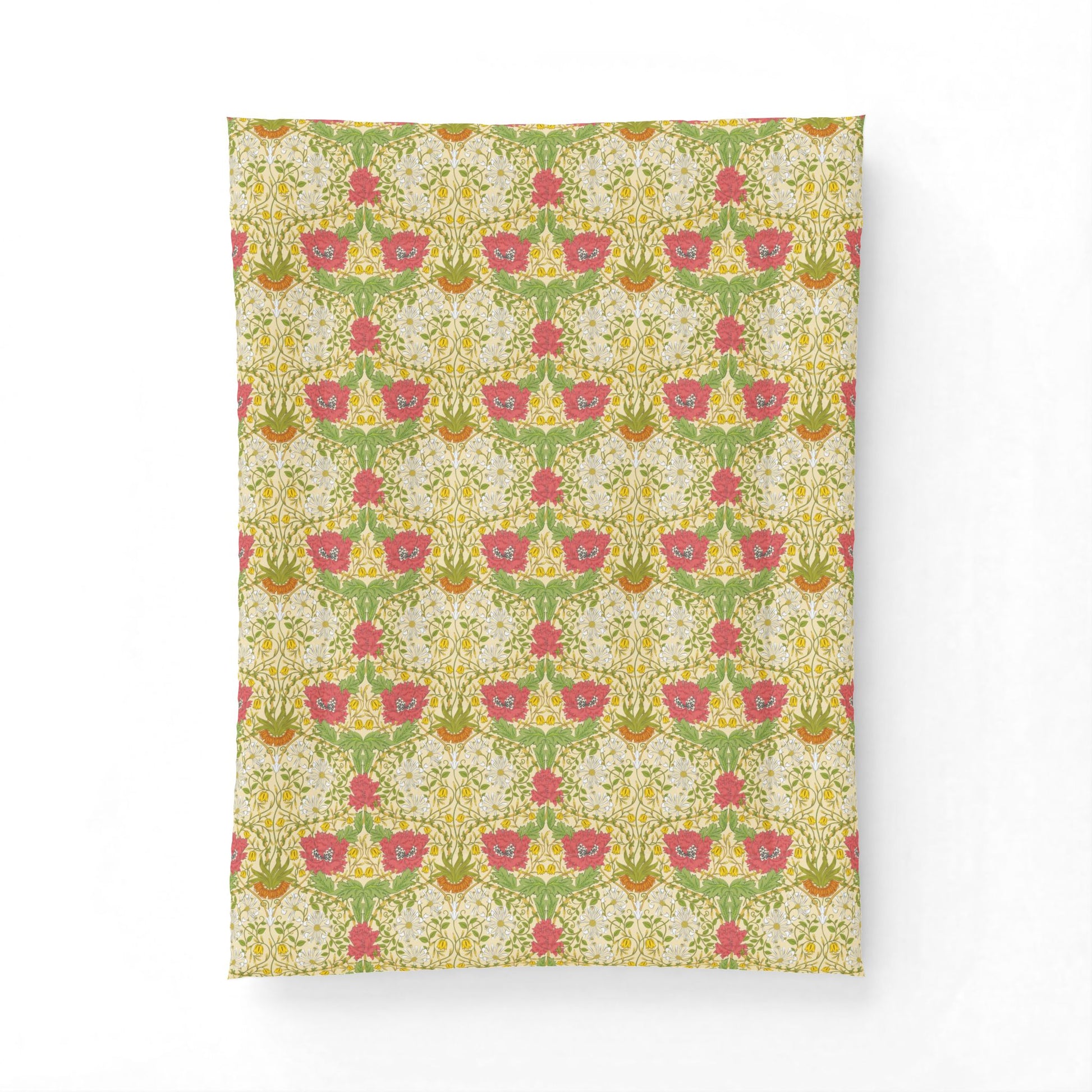 A rectangular fabric item, likely a pillowcase or small blanket, featuring a vintage botanical damask pattern with pink flowers, green leaves, and yellow accents on a cream background, shown against a plain white backdrop.