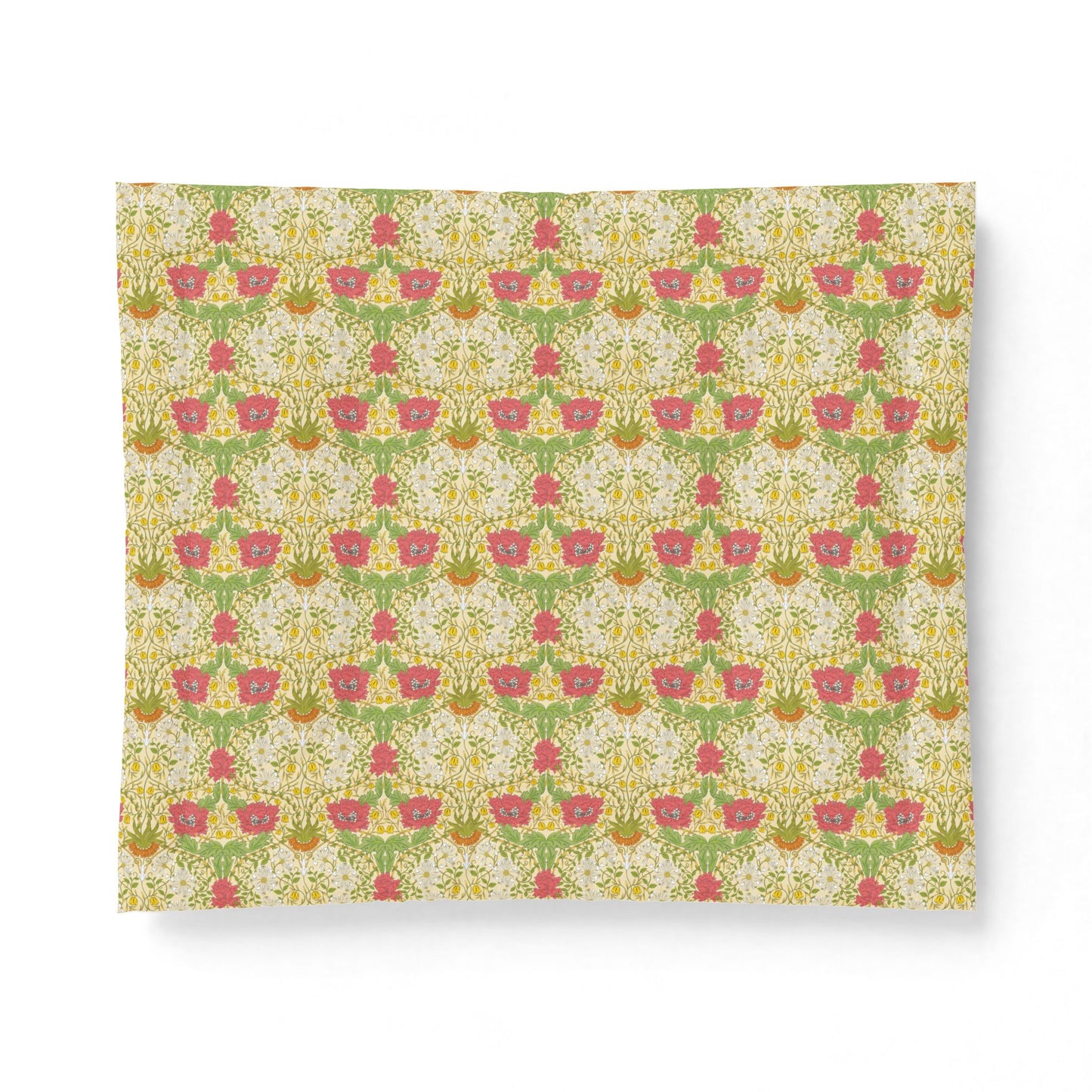 A square fabric sample or napkin featuring a vintage floral pattern with pink flowers, green leaves, and yellow accents on a cream background, displayed against a clean white backdrop.