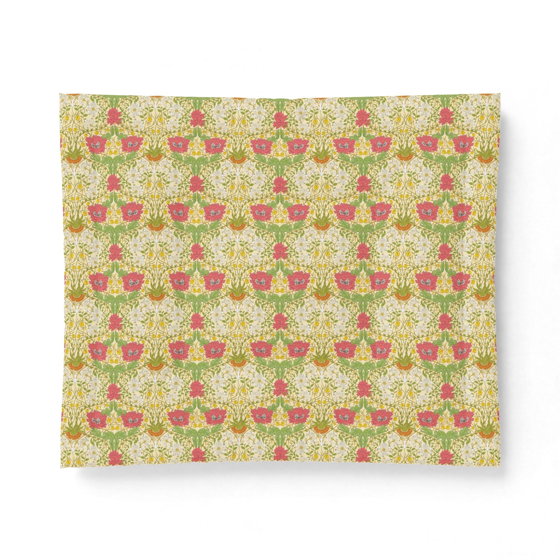 A square fabric sample or napkin featuring a vintage floral pattern with pink flowers, green leaves, and yellow accents on a cream background, displayed against a clean white backdrop.