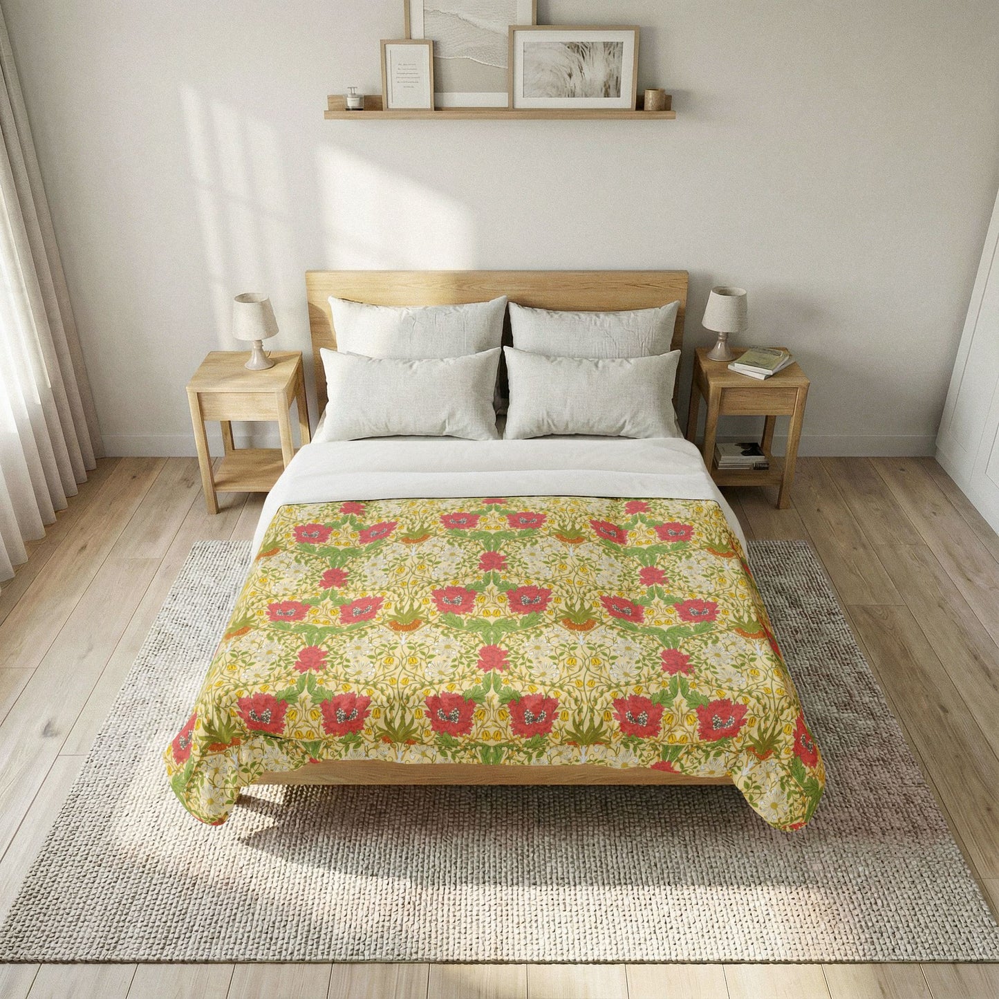 A floral patterned comforter or quilted blanket is styled on a wooden bed frame in a bright, modern bedroom. The pattern features red poppies and green leaves on a yellow and white background.