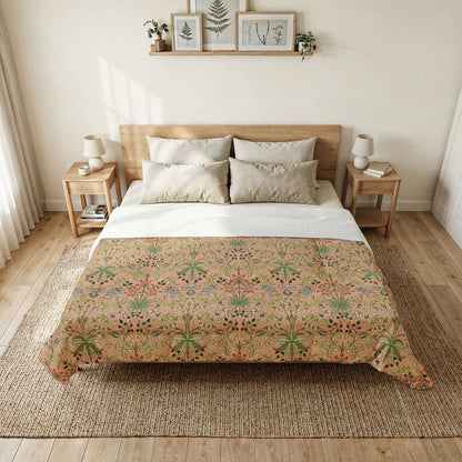 Bedroom with floral-patterned comforter on a bed, wooden headboard, and side tables.