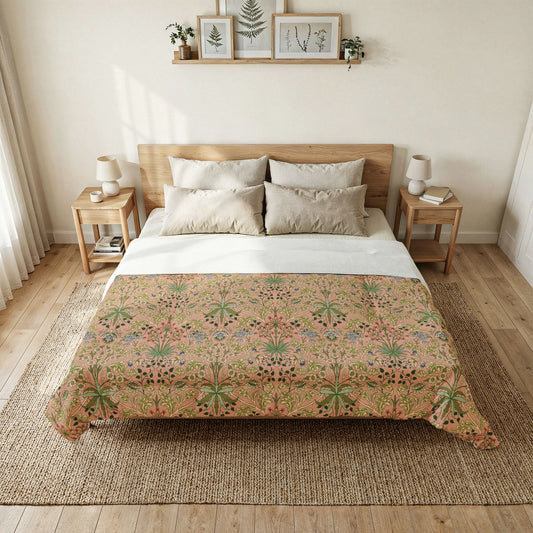 Bedroom with floral-patterned comforter on a bed, wooden headboard, and side tables.
