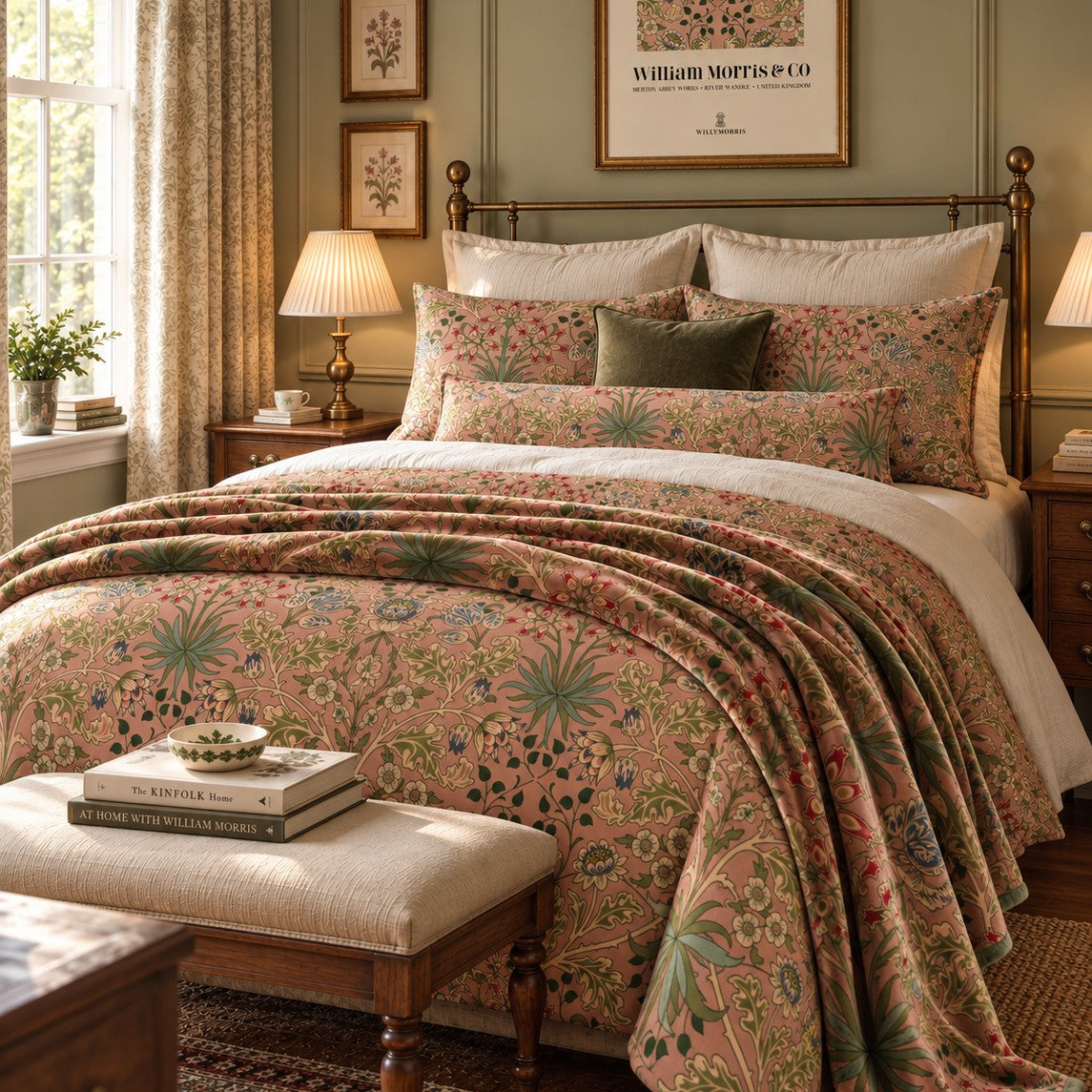 A beautifully styled bedroom featuring a William Morris & Co. patterned bedding set with a dusty pink background and green, olive, and gold botanical motifs.