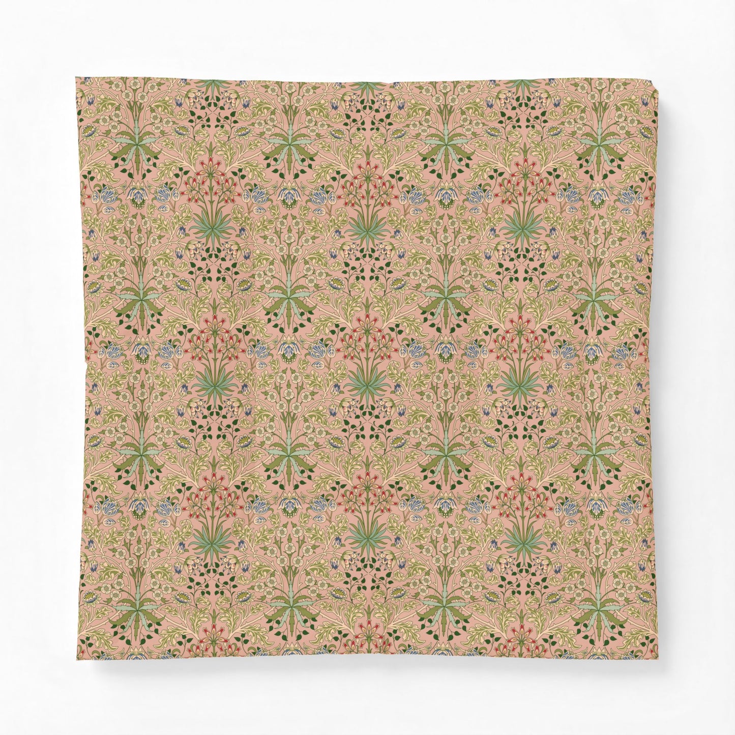 A square decorative pillow or cushion cover featuring a vintage-style botanical pattern in muted pink, sage green, and blue on a warm beige background, shown against a plain white studio backdrop.