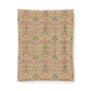 A rectangular fabric panel or tapestry featuring a vintage botanical and floral pattern in muted shades of green, pink, blue, and beige, displayed flat against a clean white background.