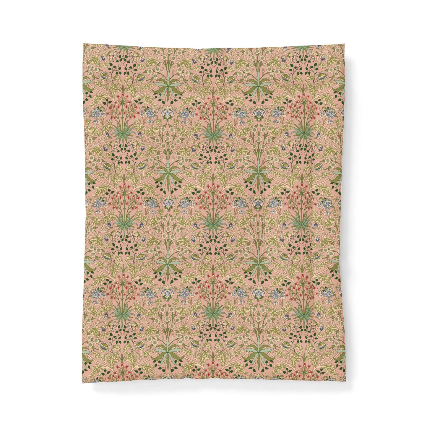 A rectangular fabric panel or tapestry featuring a vintage botanical and floral pattern in muted shades of green, pink, blue, and beige, displayed flat against a clean white background.