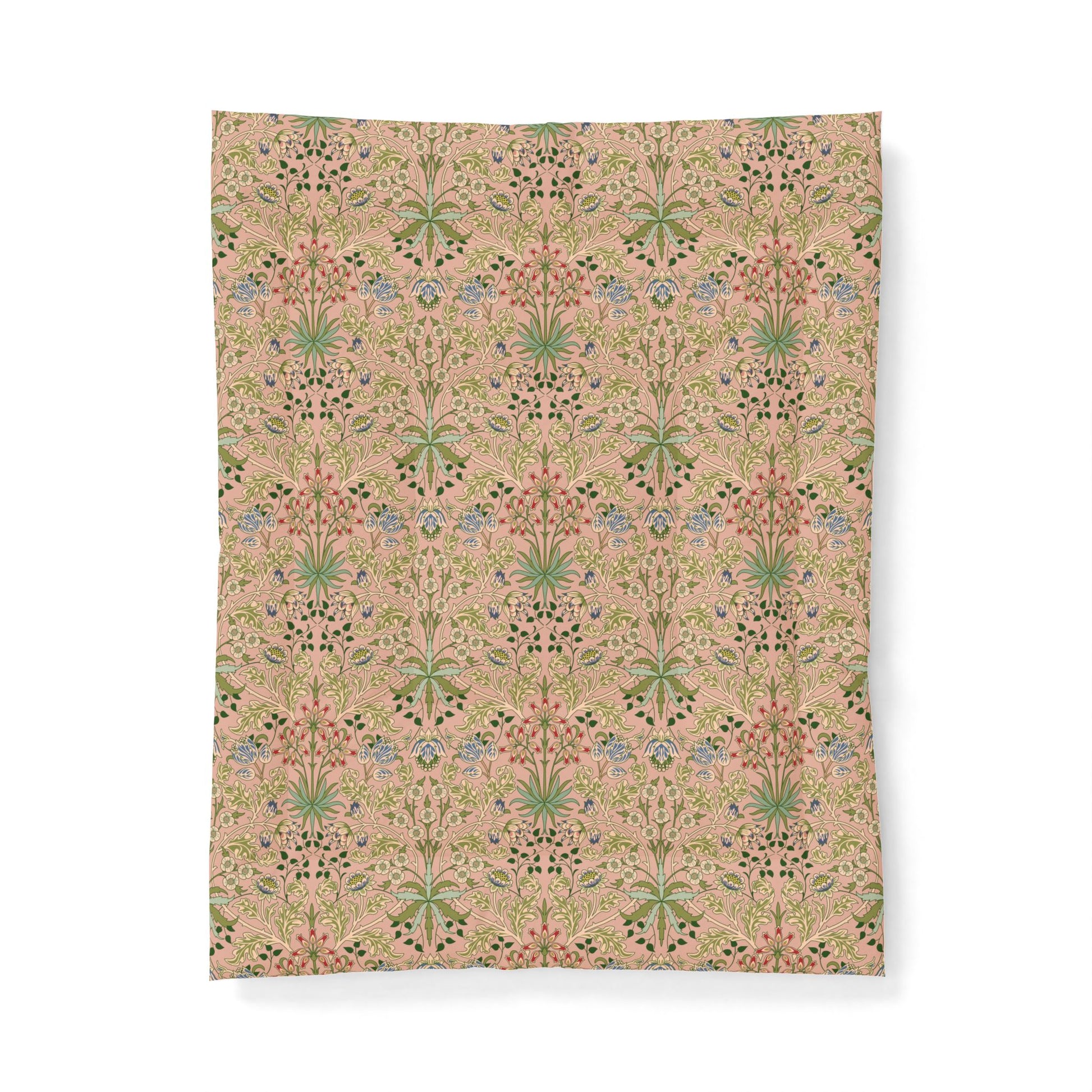 A rectangular fabric panel or tapestry featuring a vintage botanical and floral pattern in muted shades of green, pink, blue, and beige, displayed flat against a clean white background.