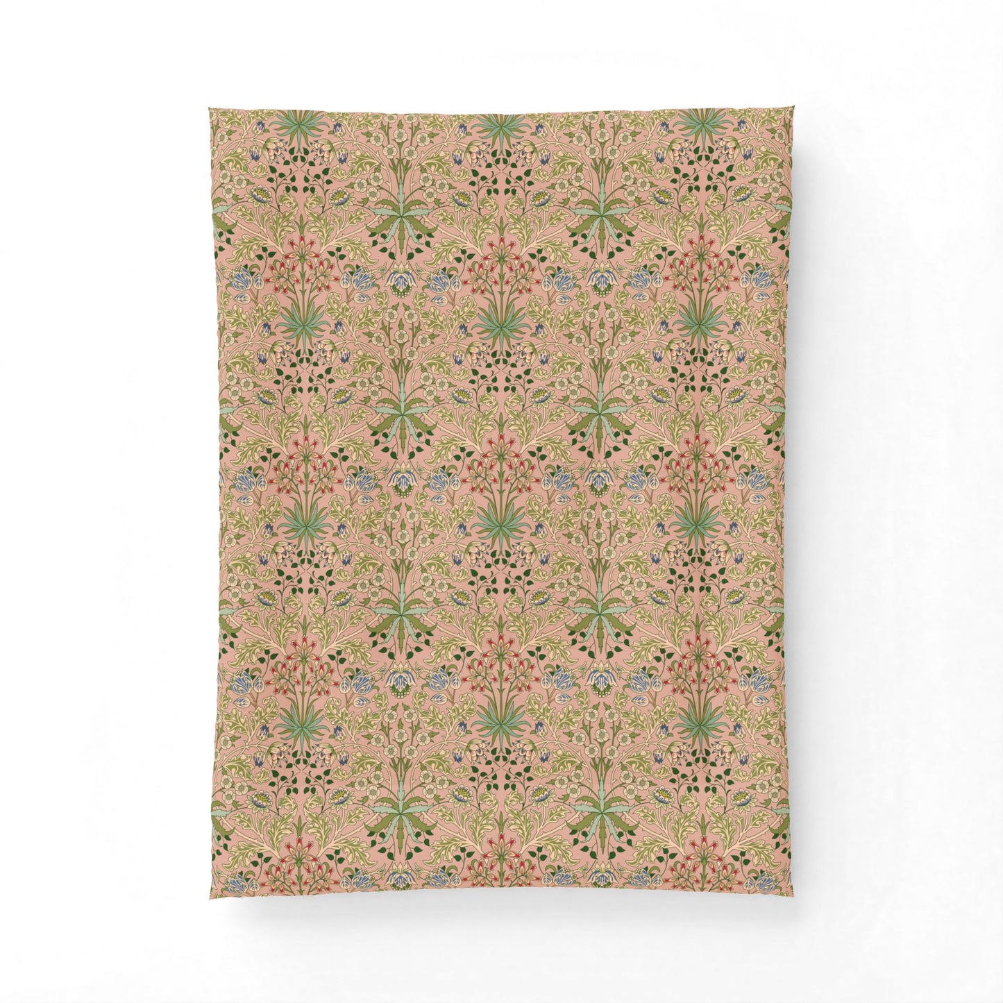 A rectangular fabric panel or pillow cover featuring a vintage botanical pattern in muted pink, green, and blue on a warm beige background, displayed against a clean white backdrop.