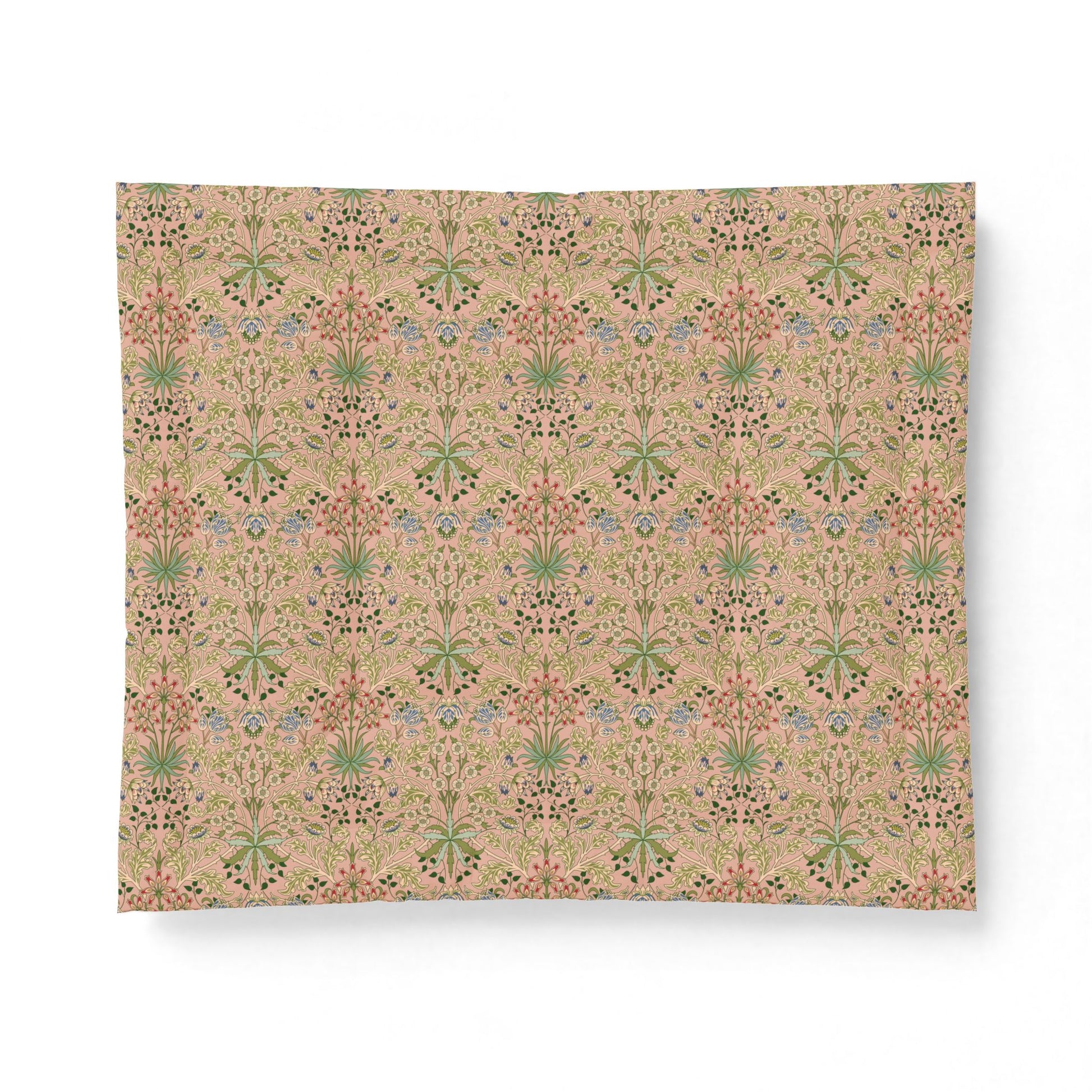 A square fabric or paper sample with an intricate repeating floral and botanical pattern on a warm beige background, featuring green, pink, and blue details, shown against a plain white background.