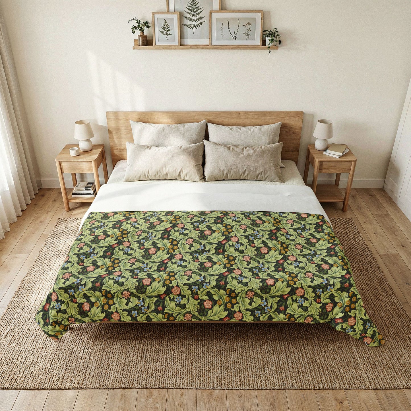 A bed dressed in a green botanical patterned comforter with white sheets and beige pillows, styled in a bright, modern bedroom with wooden nightstands, lamps, and a woven rug.