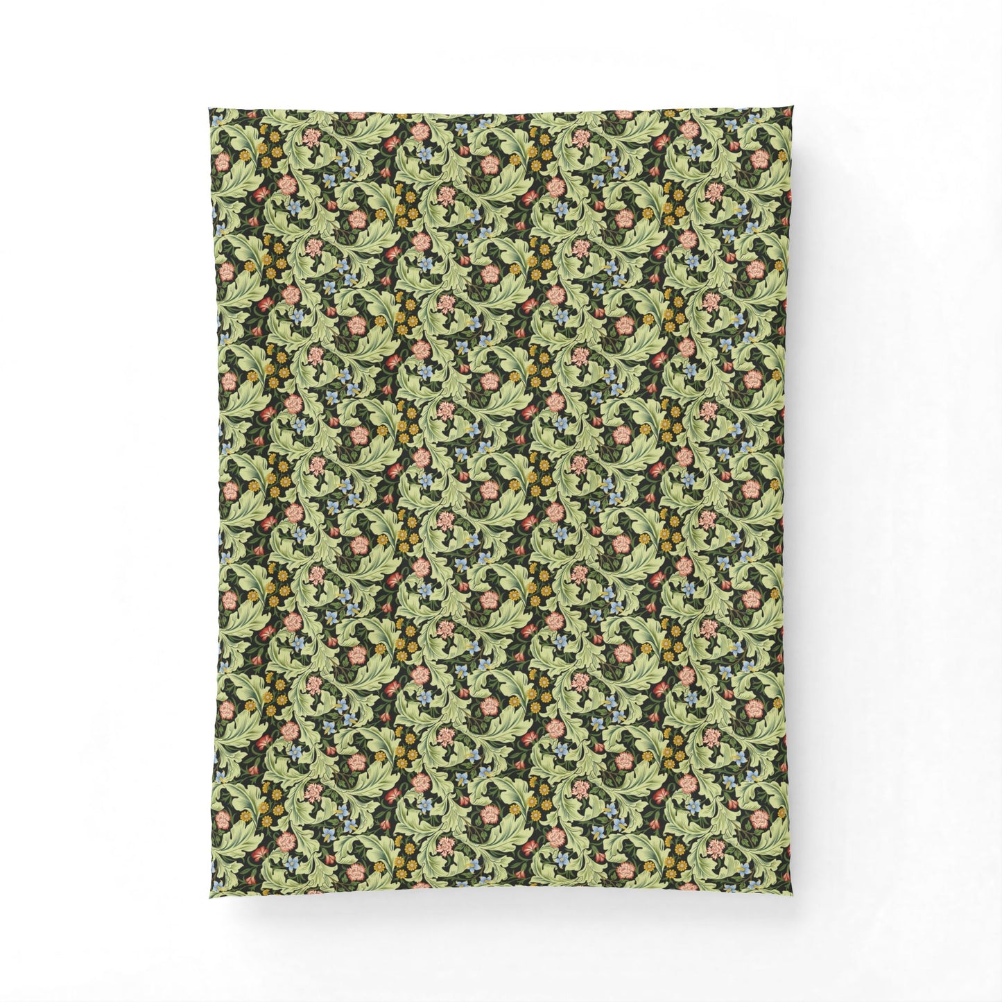 A rectangular textile or fabric panel with a dense repeating floral and botanical pattern in muted green, pink, brown, and cream, shown flat against a plain white background.