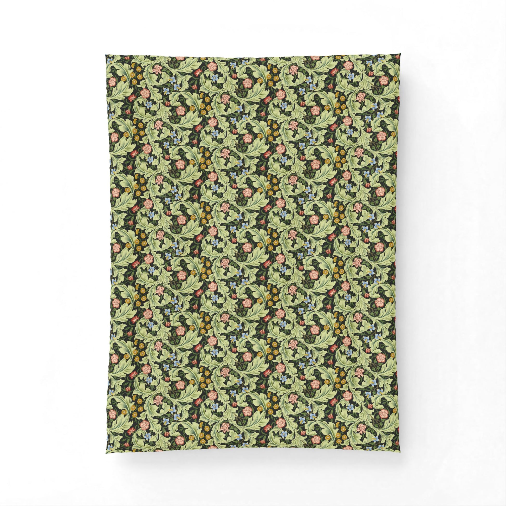 A rectangular textile or fabric panel with a dense repeating floral and botanical pattern in muted green, pink, brown, and cream, shown flat against a plain white background.
