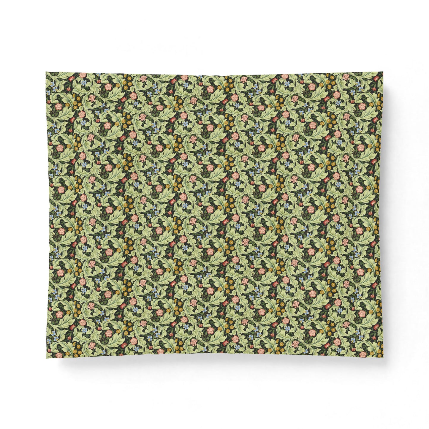 A rectangular fabric placemat featuring a dense, repeating botanical pattern of green leaves, pink berries, and dark accents on a light olive background, shown against a plain white background.