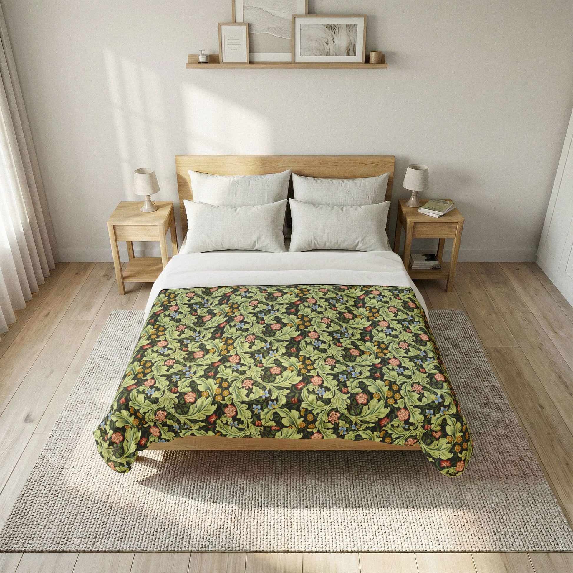 Bedroom with a bed featuring a green and gold patterned duvet cover.