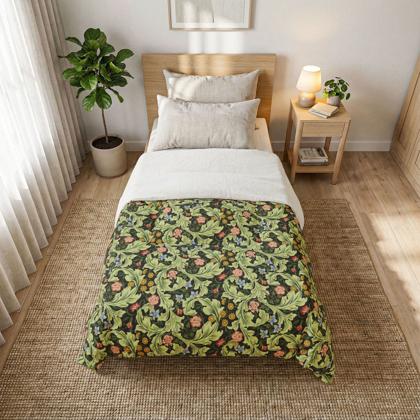 A single bed styled in a bright, modern bedroom, featuring a green and black botanical patterned comforter with orange and blue floral accents, white sheets, and a light wood headboard.